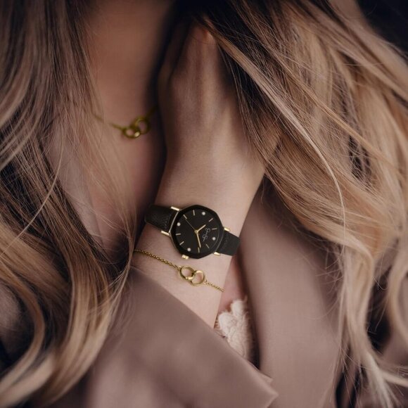 Women\'s Leather Band Watch Octagon Crystal Dial Quartz Elegant Dress